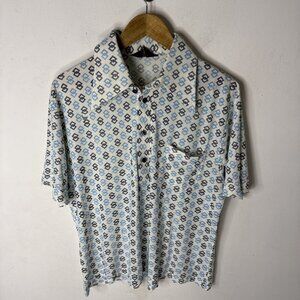 Vintage 70s Sears Kings Road Disco Shirt Kramer Blue White Short Sleeve Men L